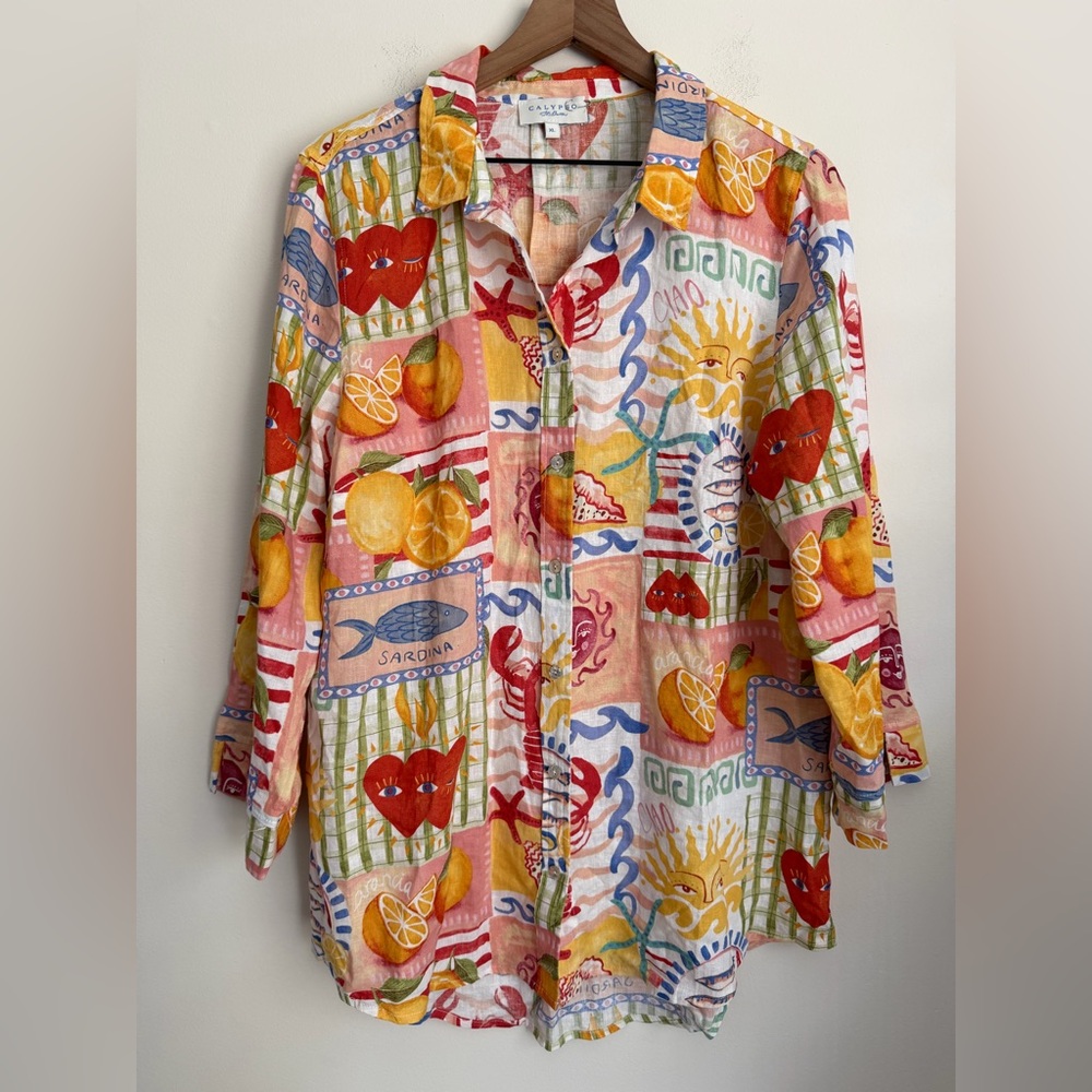 Calypso St. Barth Colorful Italian sardine Lobster Fish Shell Print Shirt XL
